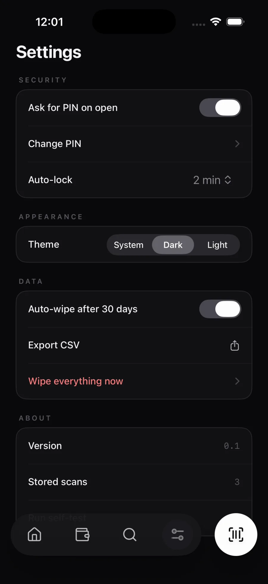 Caelis Settings screen with a PIN on open, auto-lock, theme, auto-wipe after 30 days, CSV export and a wipe-everything option.