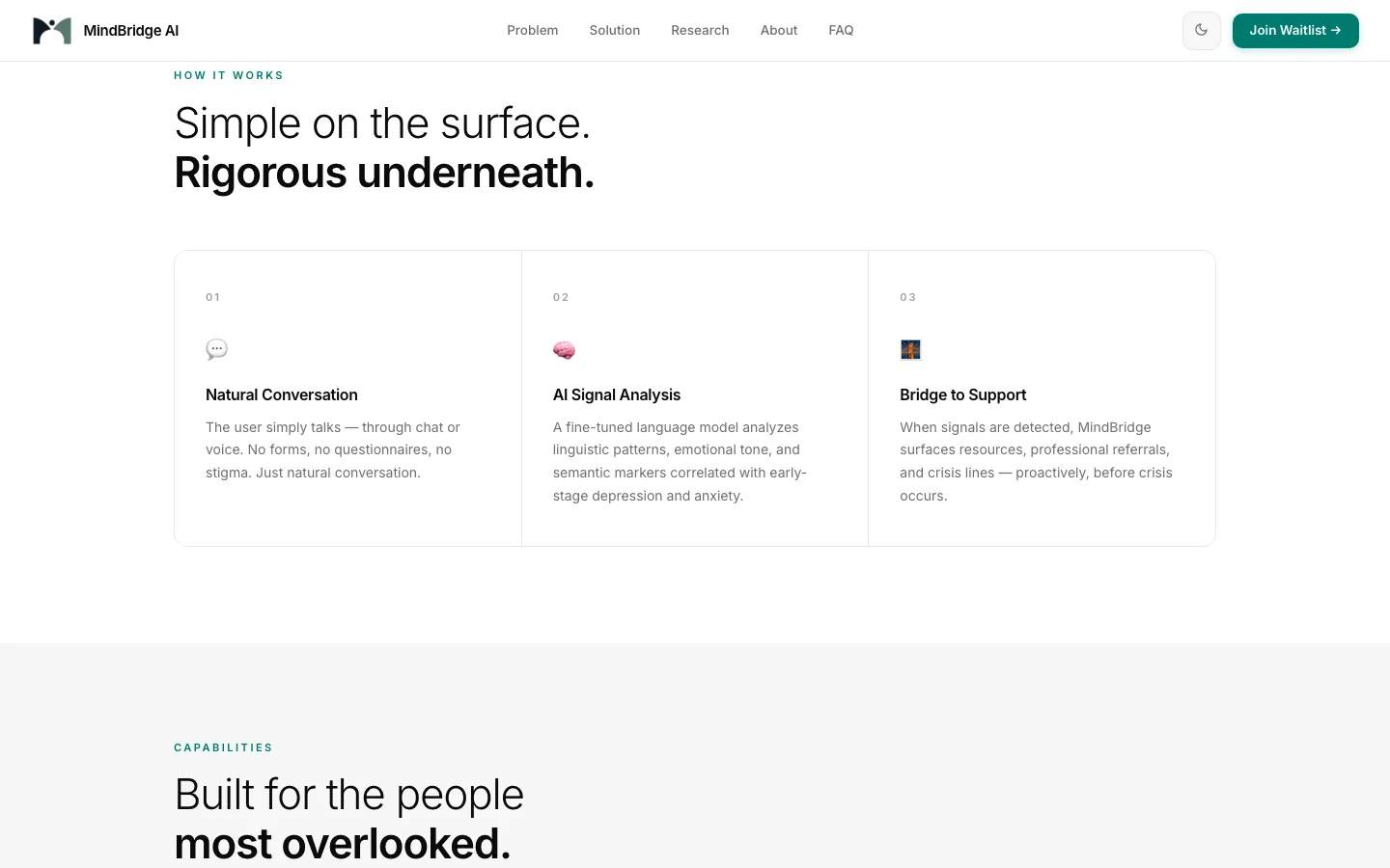 MindBridge AI website section on how it works, in three steps: natural conversation, AI signal analysis and a bridge to support.