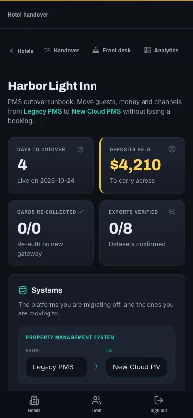 Takeover booking-system cutover runbook with days to cutover, deposits to carry across, cards to re-collect and a data export tracker. Figures are fictional sample data.