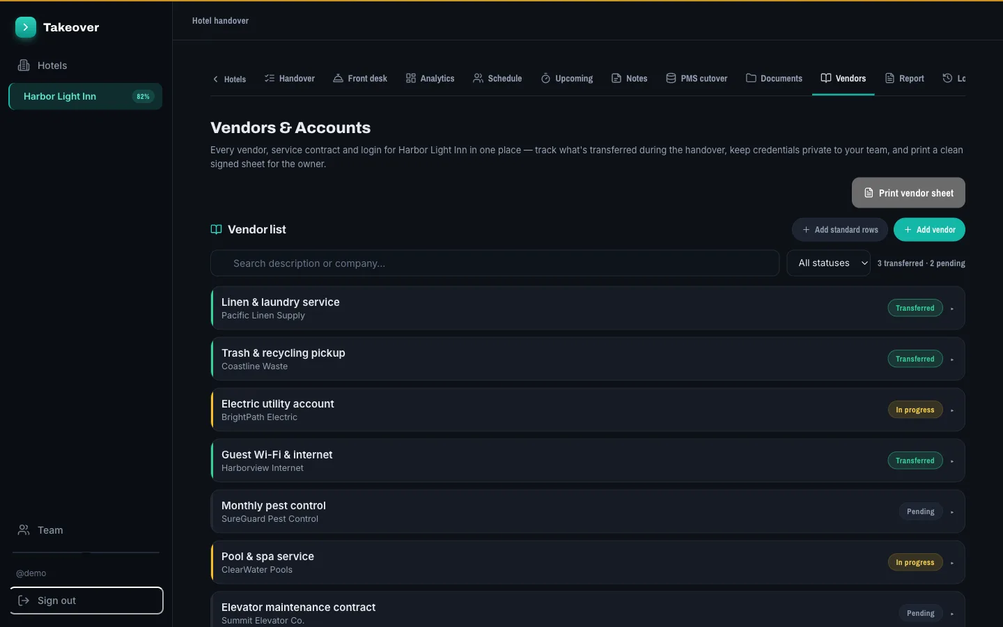 Takeover Vendors & Accounts list showing which service contracts have transferred, are in progress or are pending. All vendors are fictional sample data.