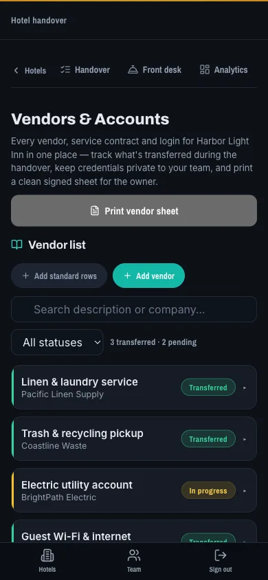Takeover Vendors & Accounts list showing which service contracts have transferred, are in progress or are pending. All vendors are fictional sample data.